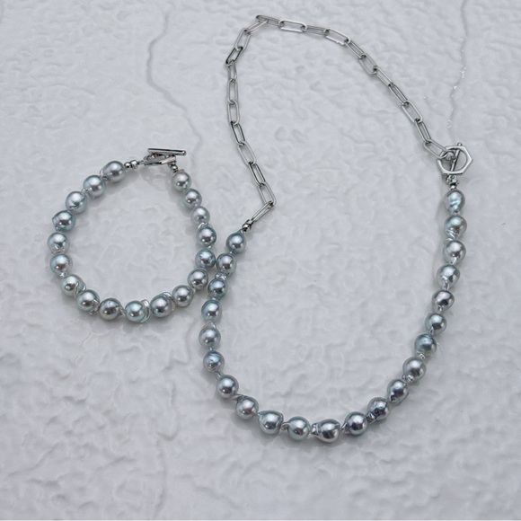 X368 Handmade Akoya Baroque Sea Pearl Necklace Bracelet Set